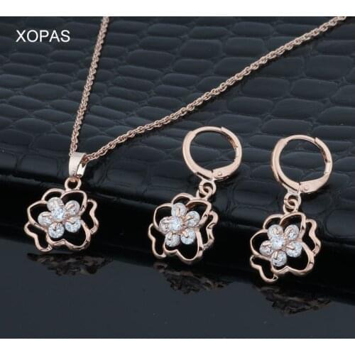 XOPAS 585 Rose Gold-Color white AAA cubic zirconia Hollow Flower Womens necklace pendant earrings jewelry set Gift