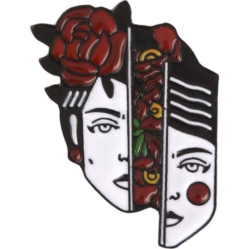 Weird Pretty Woman Face Metal Enamel Brooch Terror Divided into Two Half Face Flower Badge Pin Unique Trendy Costume Jewelry