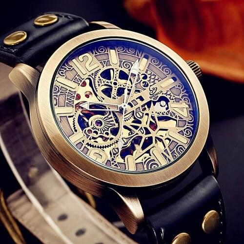 Hollow Carved Retro Bronze Watches Men Automatic Skeleton Brand Leather Strap Mechanical Watch Business Clocks Relogio Masculino