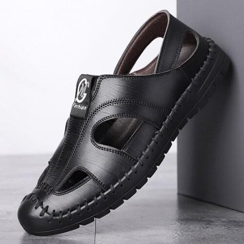 Casual leather shoes mens soil summer soft bottom hole shoes without laces one-step driving leather shoes men sandals H272