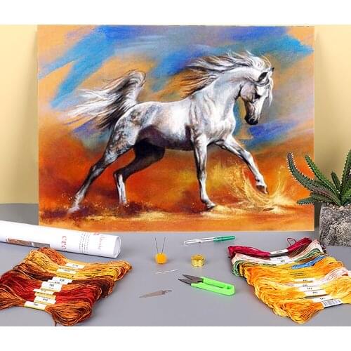 Horse Animal Printed Water-Soluble Canvas 11CT Cross-Stitch DIY Embroidery Full Kit DMC Threads Sewing Hobby Craft Mulina