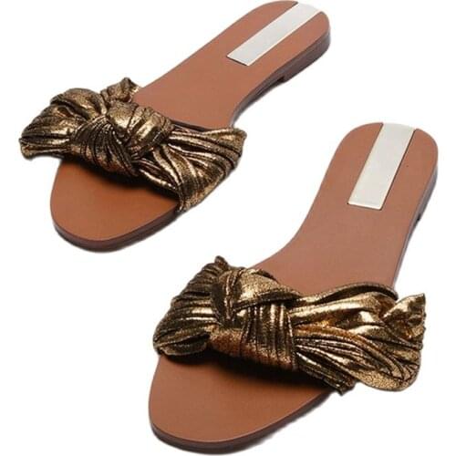 Summer Golden Metallic Bowknot Flat Sandals For Womens Outer Wear New Open-Toed Lazy Half Slippers Women