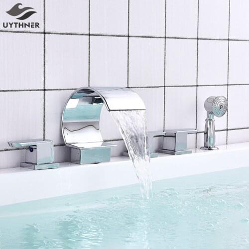 Bathtub Faucet Mixer Basin Tap Wide Spout Waterfall Tub Bathroom Faucet Hot And Cold Water Mixer With Hand Shower Bath Faucet