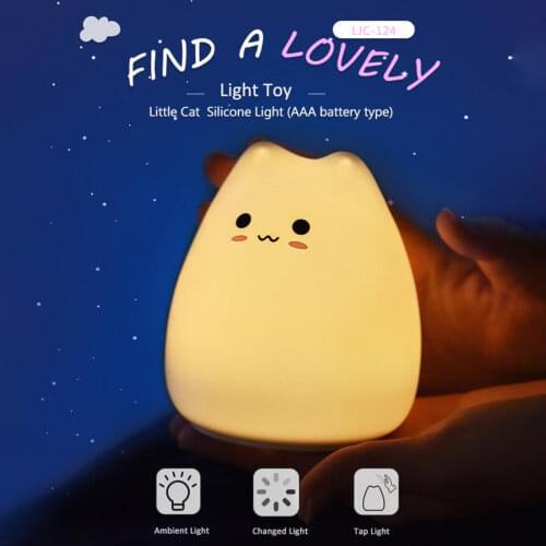 LED Battery Night Cartoon Cute Cat Silicone Light LED Color Changing Childrens Bedroom Ambient Night Light Tap Light