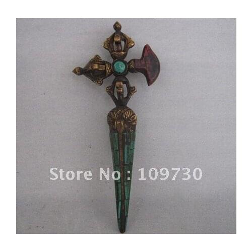Tibet Turquoise Coral Old Bronze Four Pronged Vajra Phurba Dagger Kartika Knife