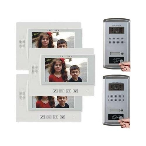 ZHUDELE For 2 Doors Home Security Intercom System 3X7" Video Door Phone Monitor FRID Panel IR Camera w/t Waterproof Cover