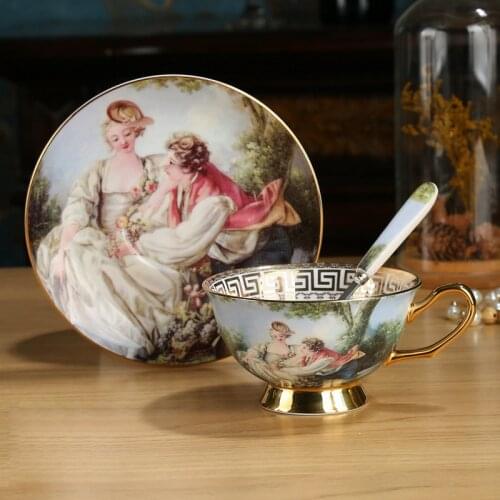 European Royal Oil Painting Vintage Bone China Coffee Cup Set Saucer Afternoon Tea Party Teacup Wedding Gift Home Drinking