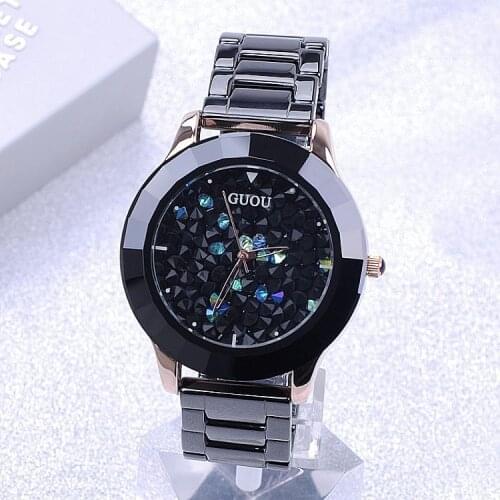 High Quality Fashion Guou Brand Black Stainless Steel Watch Really Personality Rhinestone Full Diamond Lady Luxury Woman Watch