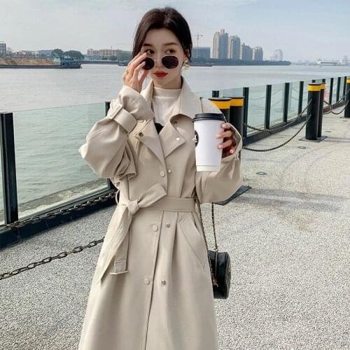 2021 Spring Autumn Korean Fashion Women Windbreaker Coat Double-breasted With belt Slim Over-the-knee Casual Female Overcoat