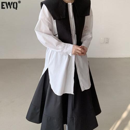 [EWQ] Korea Chic Casual Trendy Womens Stitching Collar Single-breasted Fashion Long-sleeved Shirt Dress Autumn 2021 16E2450
