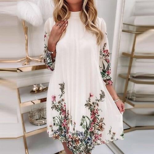 Autumn Elegant Floral Print Pleated Office Dress Spring Sexy Turtleneck Ruffle Women Party Dress Female 3/4 Sleeve A-Line Dress
