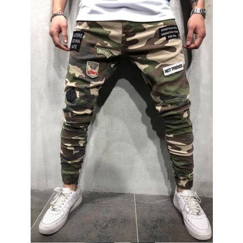 2019 Fashion High Street Mens Badge Jeans Casual Cargo Pants Camouflage Army Pencil Pants Hip Hop Ankle Zipper Jogger Pants Men