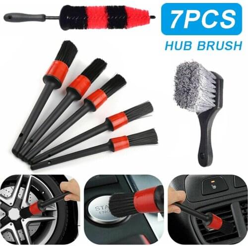 7pcs Car Detailing Cleaning Brush Kit Vehicle Wheel Boar Hair Brushes Set For Automobile Tire Gap Cleaning Hub Brush