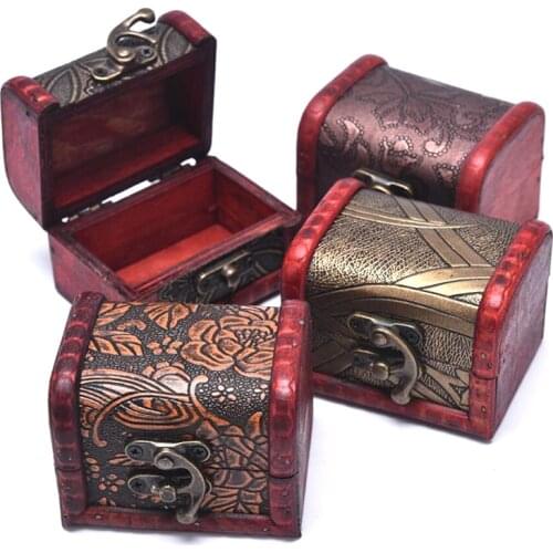 Antique Mini Wood Treasure Chest Storage Box Jewelry Organizer Box Gift Box