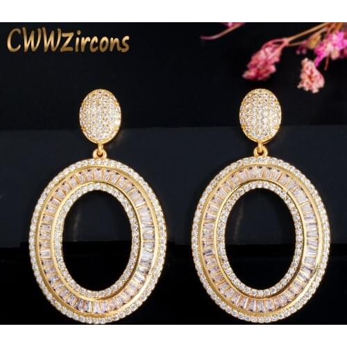 CWWZircons Full Cubic Zirconia Paved Glitter Yellow Gold Color Round Dangle Drop Earrings for Women Bridal Wedding Jewelry CZ598