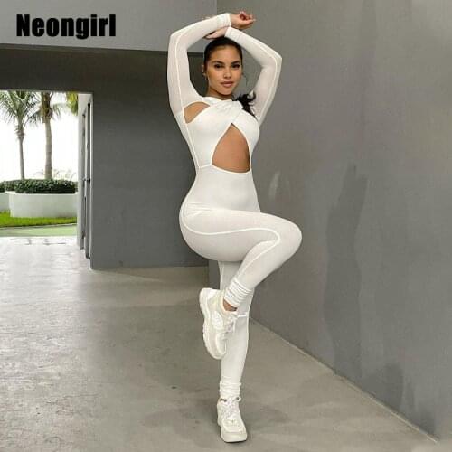 Shestyle Hollow Out Back Zipper Jumpsuits Cropped V Neck Solid Sexy Skinny Casual Sportwear 2021 Autumn New Design Lady