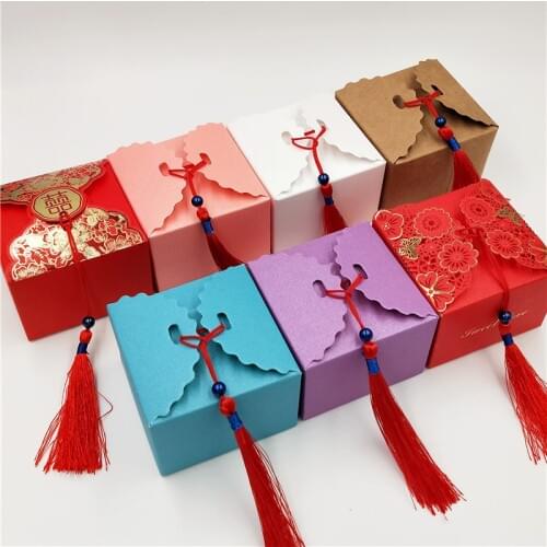 24Pcs 65*65*45mm Colored Paper Cardboard Jewelry Accessories Packaging Boxes With Red Tassel String Wedding Candy Gift Boxes
