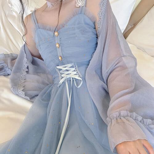 Summer New Palace Retro Princess Dress Sweet Girl Blue Mesh Camisole Dress Super Fairy Embroidery Lace Up Dress