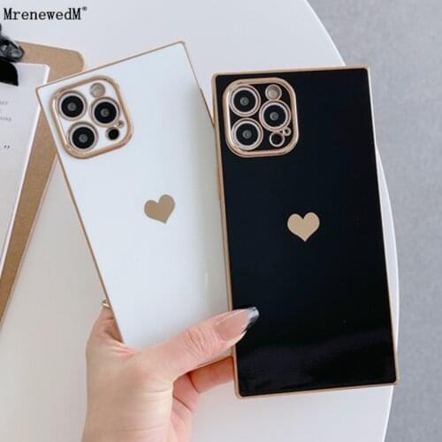 Founder Square Cute Plating Love Heart Case For iPhone 11 Pro 12 Mini X Xr Xs Max SE2 7 8 Plus Bumper Anti-drop Protection Cover