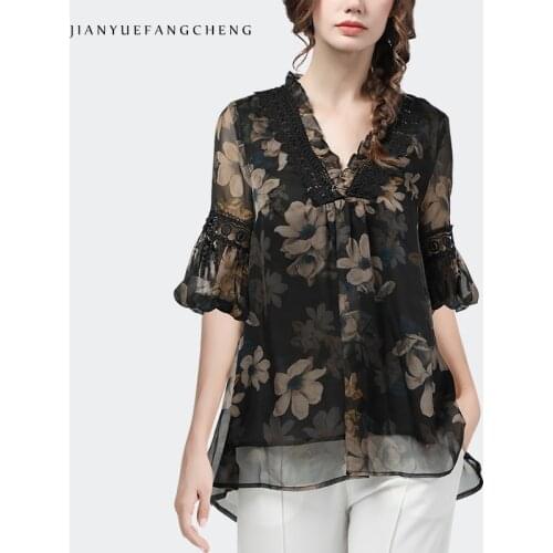 Fashion Gray Floral Chiffon Tops Half Sleeve Women Summer Blouse Loose Plus Size V-Neck Lace Spliced Female Casual Long Blouses