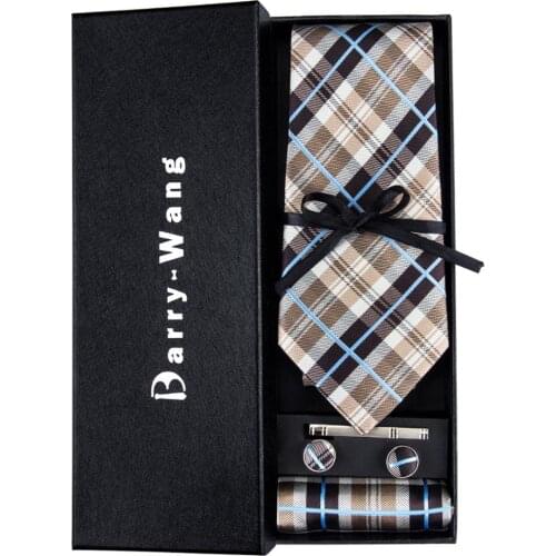 TS-382 Barry.Wang 2018 Mens Ties Necktie Hanky Cufflinks Sets With Gift Box Fahion Plaid Ties For Men Wedding Bueiness Party