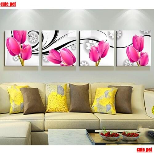 4PCS 5D Diamond Painting Tulip flower Diy diamond mosaic Home Decor the Full Square Drill Cross Stitch Rhinestones Handicraft