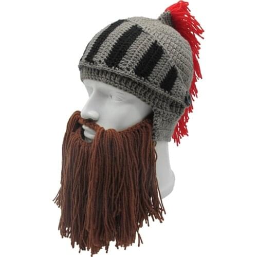 New Tassel Cosplay Roman Knight Knit Helmet Mens Cap Original Barbarian Handmade Winter Warm Beard Hats Funny Beanies Halloween