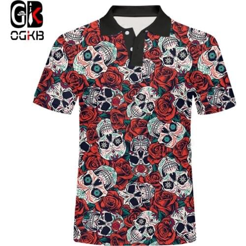 OGKB EU Size Flower Skull Cool Polo T Shirt Mens 3D Printed Rose Short Sleeve Polo Shirts Men Clothes Summer Hip Hop Streetwear