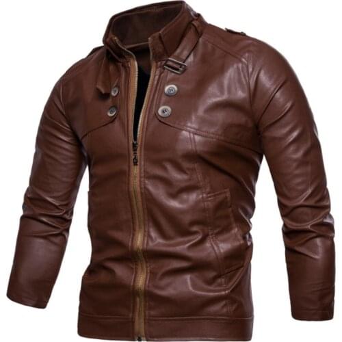 Autumn Winter Mens Faux Leather Jacket Motorcycle Mens Jacket Standing Collar Zipper PU Leather Jacket Mens Black M-3XL