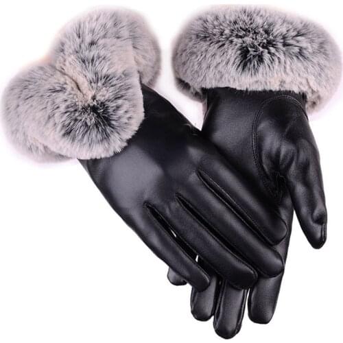 Women Winter Gloves Faux Rabbit PU Leather Touch Screen Mittens Lady Female Outdoor Driving Warm Gloves