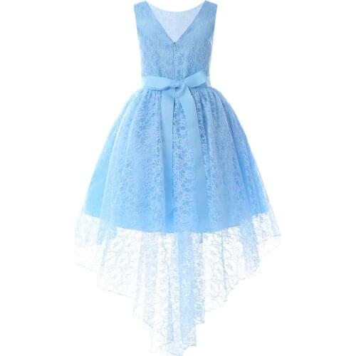 Kids Girls Party Wedding Princess Dress Embroidered Floral Sleeveless Beads Sash Tie Back High-low Asymmetrical Hem Dress 4-14Y