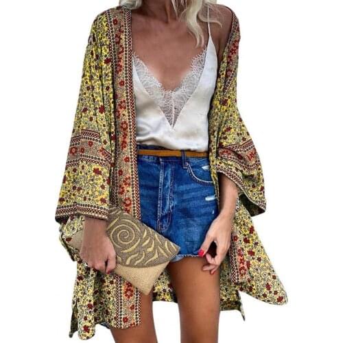 Beach Cover Up Women Cardigan Floral Print Open Front Autumn Long Sleeve Women Swimwear Bohemian Beach Top