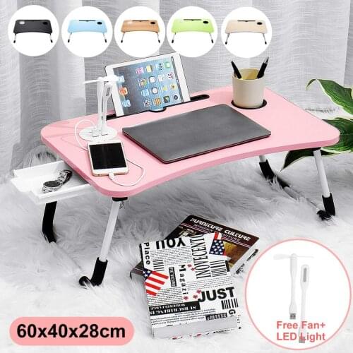 Portable Bed Tray Home Folding Laptop Desk Tea Food Serving Table Folding Leg Laptop Desk On The Bed with Fan & LED Light