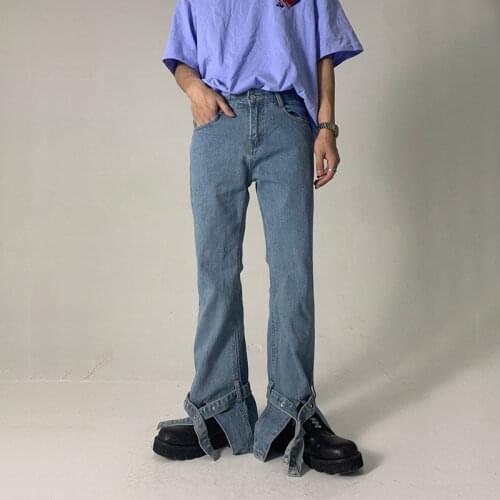 Stonewashing Design Leg Strap Split Light Blue Jeans for Men Streetwear Loose Wide Leg Micro Flared Pants Women Oversized Pants
