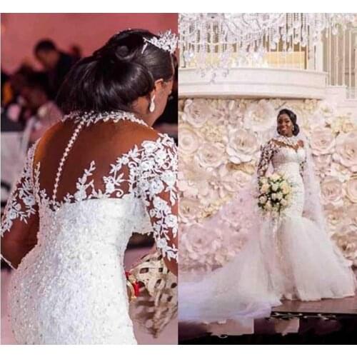 Luxury African Wedding Dresses Mermaid High Neck Lace Applique Beaded Bridal Gowns With Long Sleeve Sweep Train Plus Size Weddin