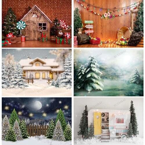 Christmas Backdrop Winter Snow Night Backdrops for Photography Christmas Tree Fence Decor Photographic Studio Photo Backgrounds