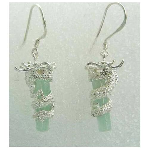 White Gold Plated Dragon Coil Natural Light Green Jade Pendant Hook Earrings
