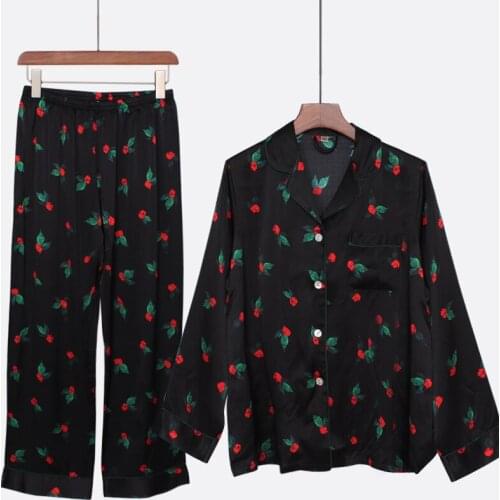 Silk Pajamas For Women Long-sleeved Printed Floral Fashion Sex Pajamas Women Silk Pajamas