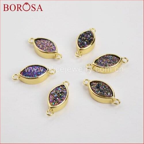 BOROSA 10pcs Marquise Natural Agates Titanium Druzy Connectors for Bracelets Drusy Green Rainbow Crystal Double Charms ZG020