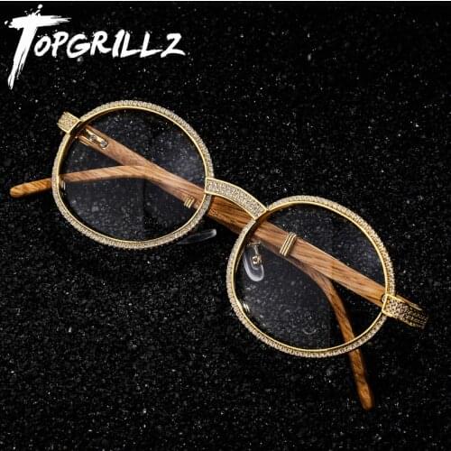 TOPGRILLZ Vintage Round Cubic Zircon Sunglasses New Luxury Men Women Oval Crystal Wood Glasses Fashion Eyewear Hip Hop Jewelry