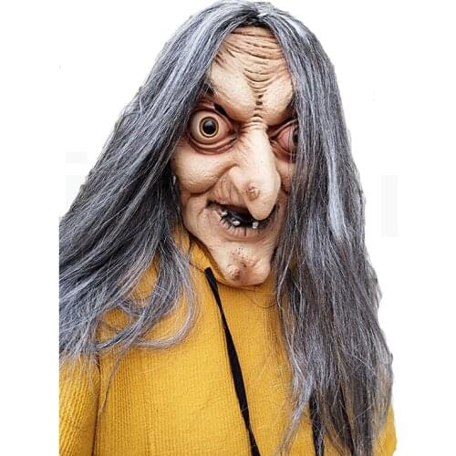 Scary Old Witch Mask Latex With Hair Halloween Fancy Dress Grimace Party Costume Cosplay Masks Props Adult One Size