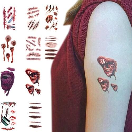 3d Scary Waterproof Temporary Tattoos Scar Tattoo Stickers Body Art Transferable Fake Tattoo Halloween Party Decoration