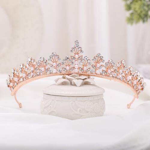 Rose Gold Rhinestone Pearl Wedding Crown Headband Bridal Tiara Hair Crown Wedding Hairband Head Jewelry Princess Crown Headpiec