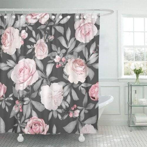 Fabric Shower Curtain with Hooks Pink Flowers and Leaves on Gray Watercolor Floral Pattern Rose in Pastel Color
