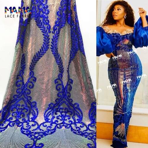 5 Yards Royal Blue Sequins Tulle Laces 2021 African Lace Fabric Special Design Sequined Unique Net Mesh For Sexy Dresses Sewing
