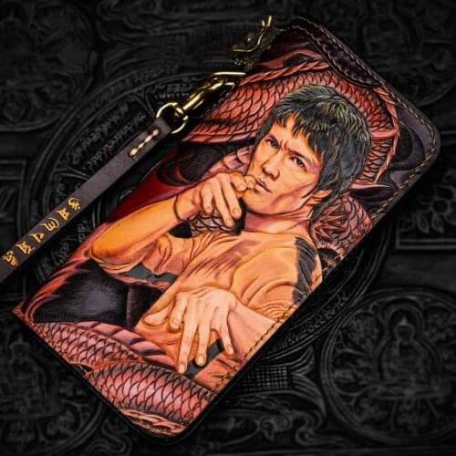 High-grade Handmade Superstar Bruce Lee Wallets Colour Zipper Purses Men Long Clutch Vegetable Tanned Leather Wallet Card Holder