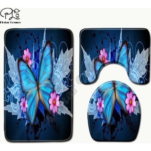 Butterfly pattern Cartoon funny 3D printed Bathroom Pedestal Rug Lid Toilet Cover Bath Mat Set drop shipping
