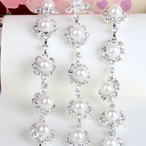 2yards pearl clear crystal rhinestone cup chain trims applique silver plating for garment sewing
