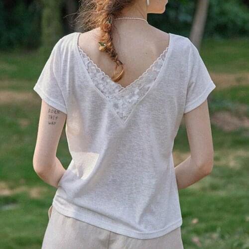 Vintage Patchwork Linen T Shirt Women Short Sleeve Patchwork V Neck Backless Tee Shirts Femme Hauts Casual Tops 2021