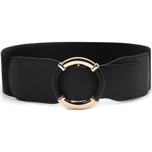 Womens Elastic Stretch Wide Waist Belts Gold Circle Buckle Ladies Seal Round Buckle Outer Decorative Sweater Belt with Dress